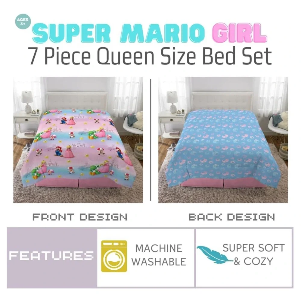 NEW 7 PIECE SUPER MARIO PRINCESS PEACH REVERSIBLE QUEEN COMFORTER AND SHEET SET